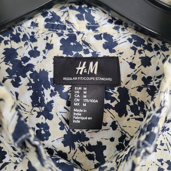 H&M Men's Ivory Blue Pattern Standard Cut Cotton Button Down Long Sleeve Shirt M - Picture 9 of 12